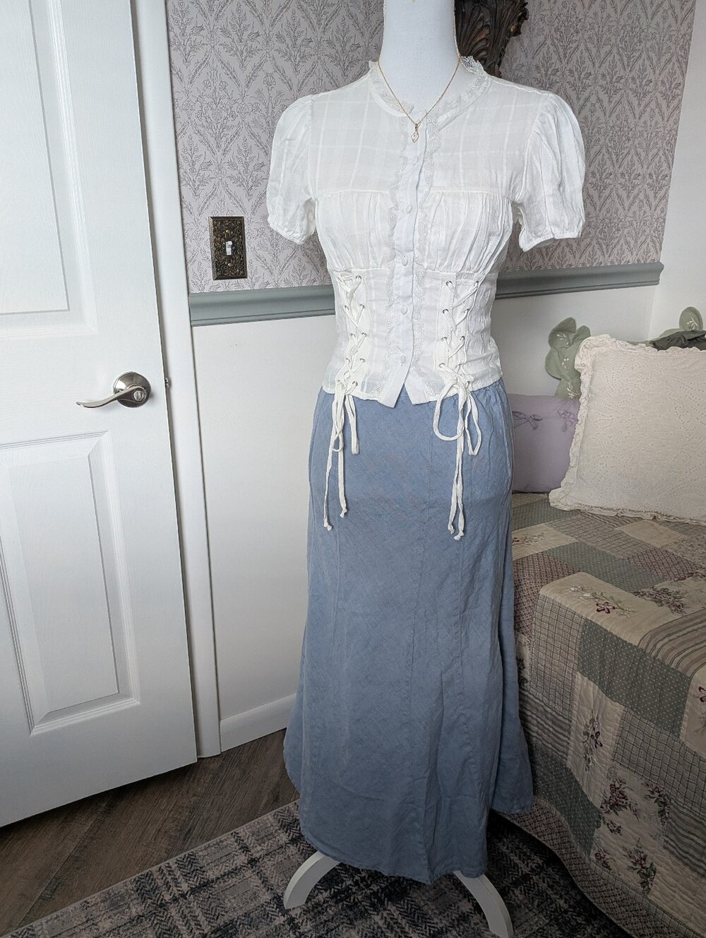 CP Shades 100% Linen Bias Cut Maxi Skirt M Dusty Blue